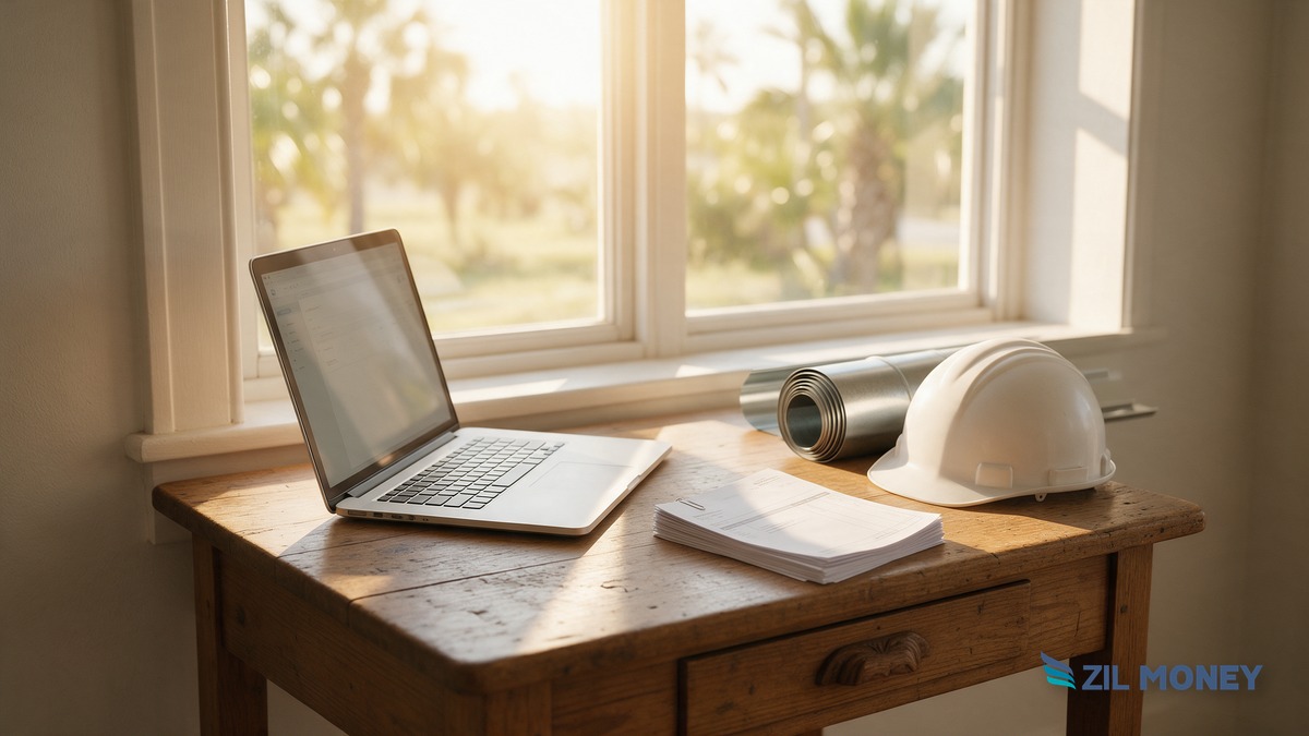 Send payments online Tallahassee roofing subcontractor hero Roofing contractor office desk with laptop, hard hat and sheet metal coil, used to illustrate sending payments online
