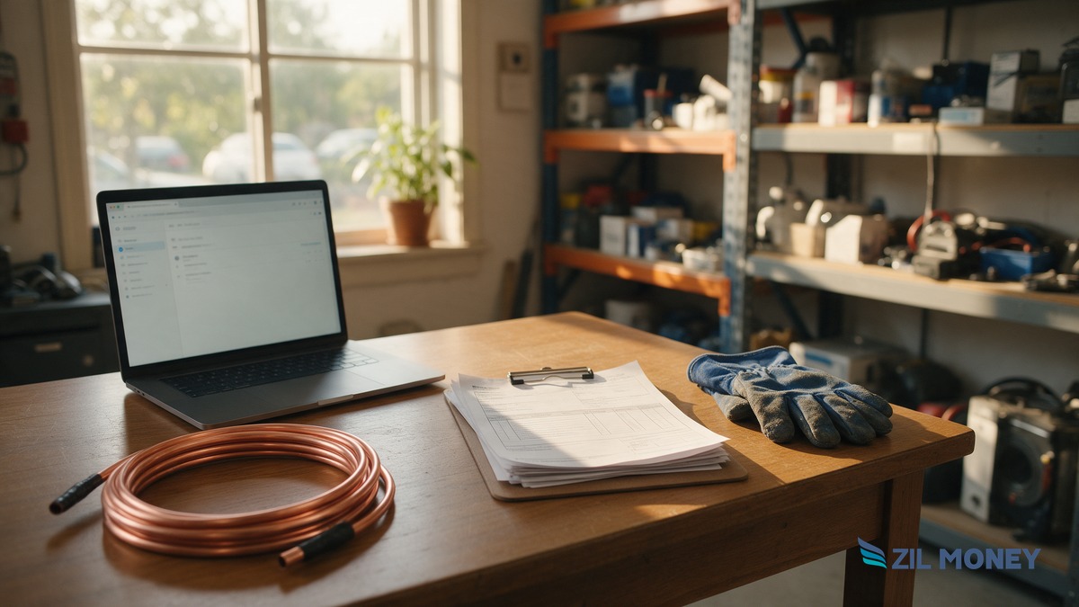 Track bills due from email at a Pocatello HVAC shop Shop desk with a laptop inbox, paper supplier invoices on a clipboard, copper tubing and work gloves
