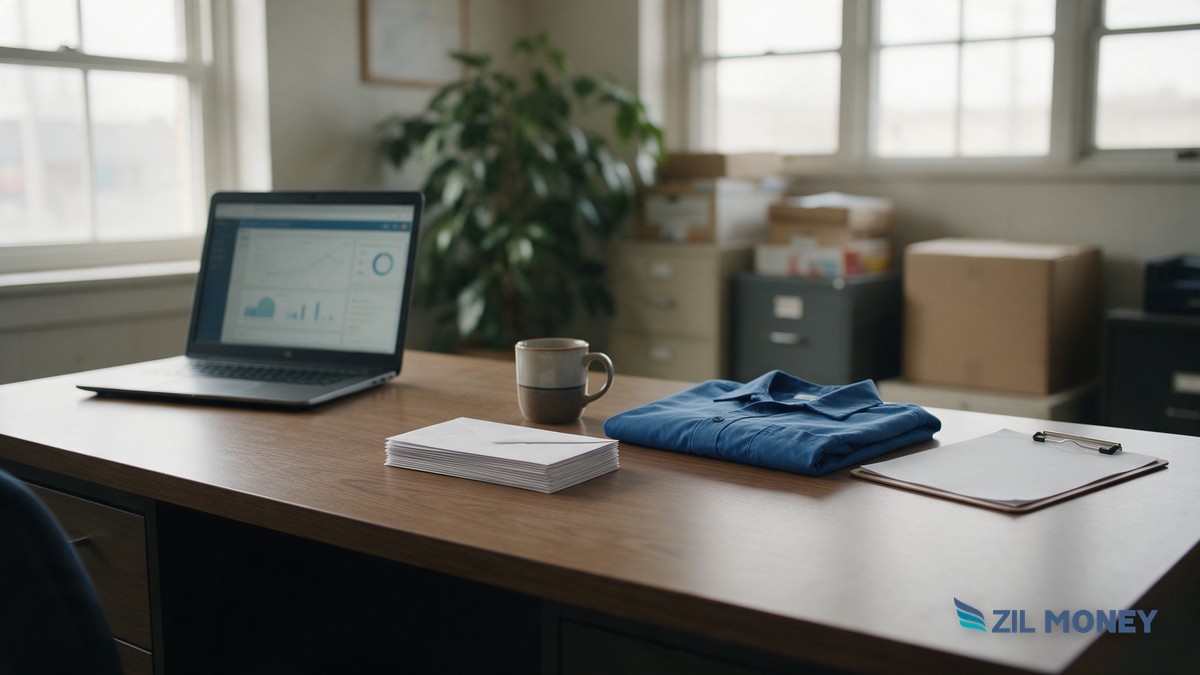 ACH payments online hero Small office desk with a laptop, stack of envelopes, coffee mug and folded work shirt