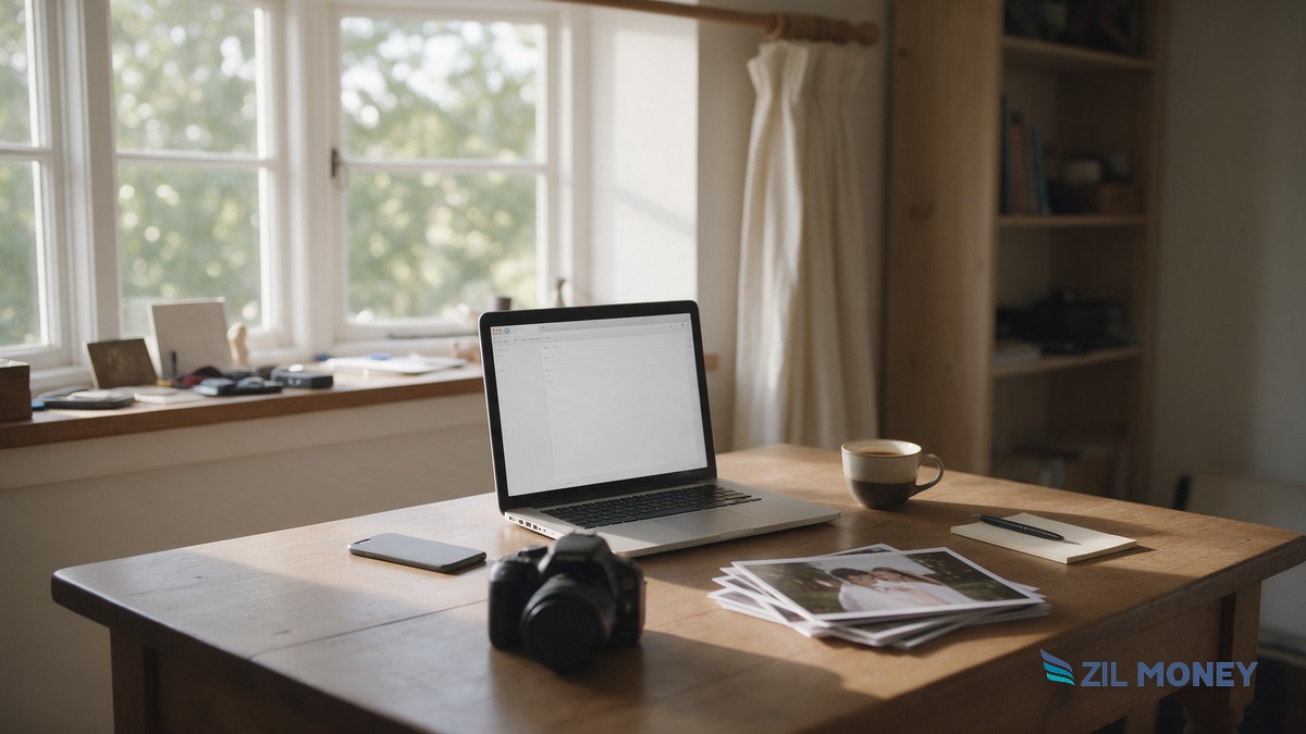 Deposit an eCheck online: Dubuque photography studio example Wedding photographer desk with laptop, phone, camera and printed proofs