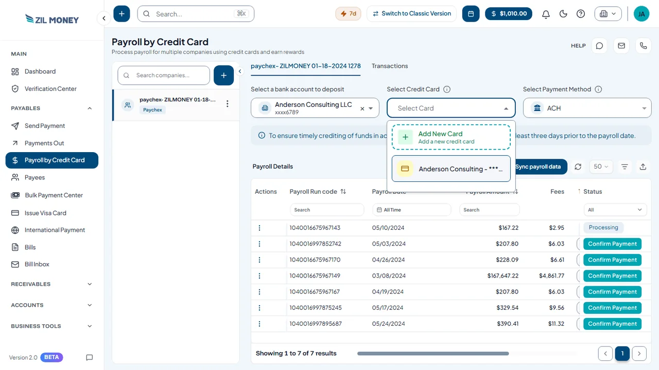 ZIL MONEY Payroll by Credit Card screen: payroll runs list with the bank account, credit card and payment method selectors