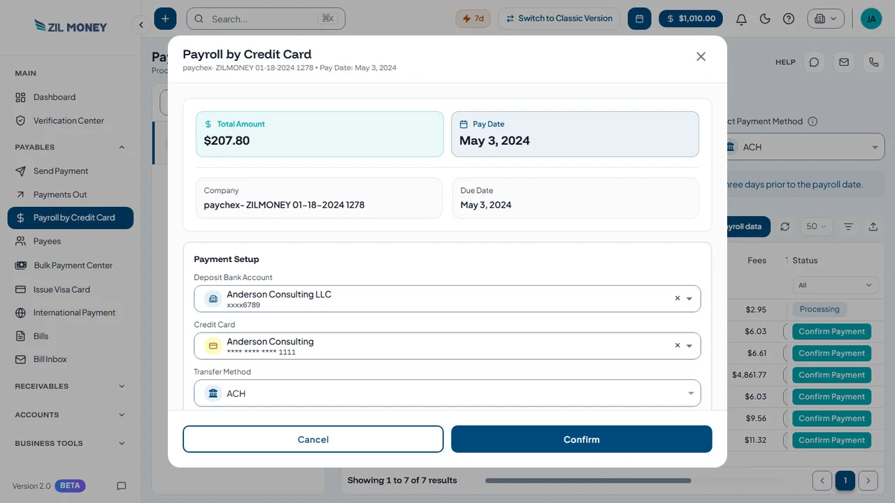 ZIL MONEY Payroll by Credit Card window: total amount, pay date, deposit bank account, credit card and transfer method