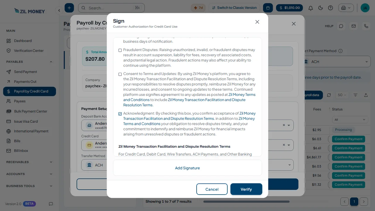 ZIL MONEY customer authorization for credit card use, with the Add Signature button
