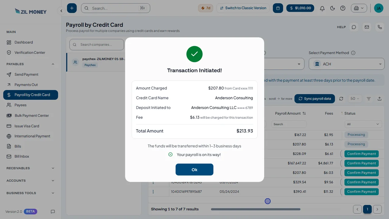 ZIL MONEY Transaction Initiated window: amount charged, deposit initiated to, fee and total amount